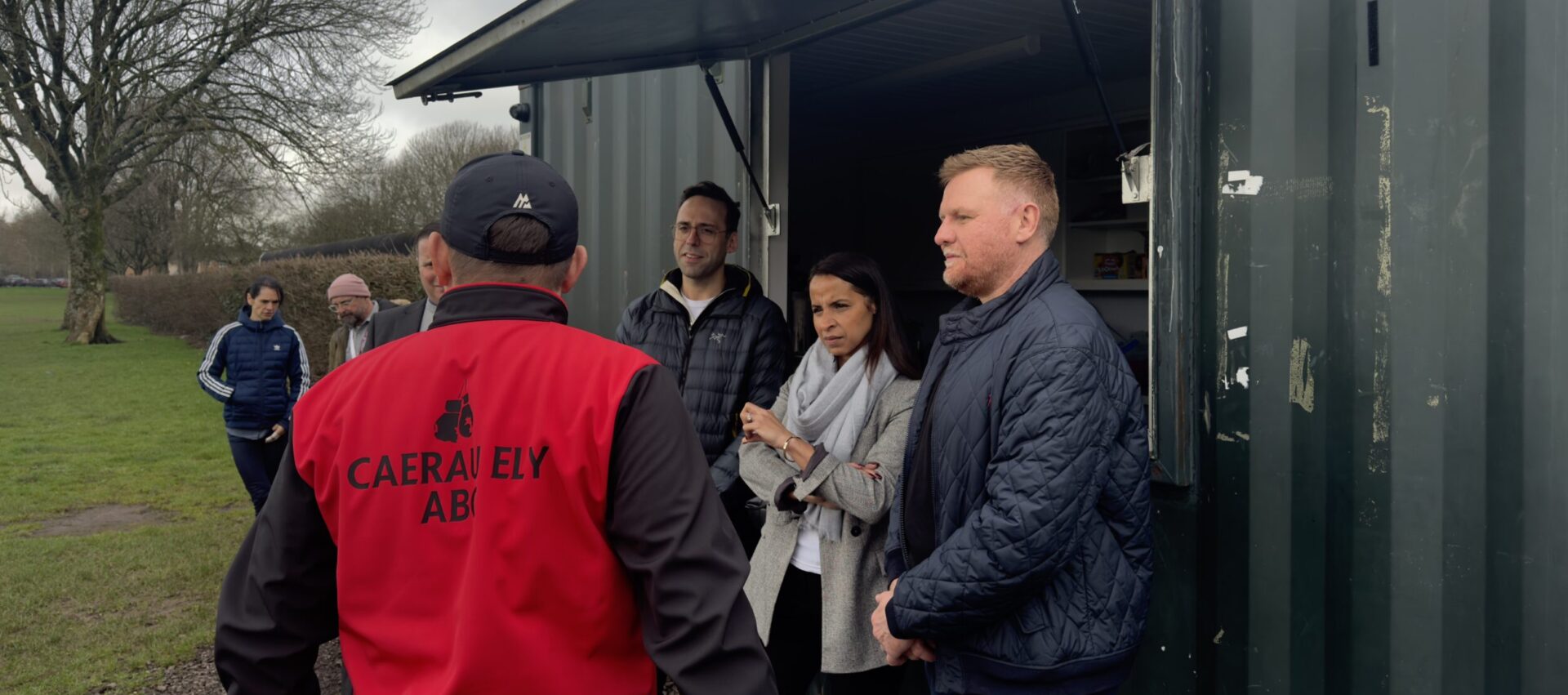Picture of Police & Crime Commissioner and members of the Caerau Ely boxing club talking