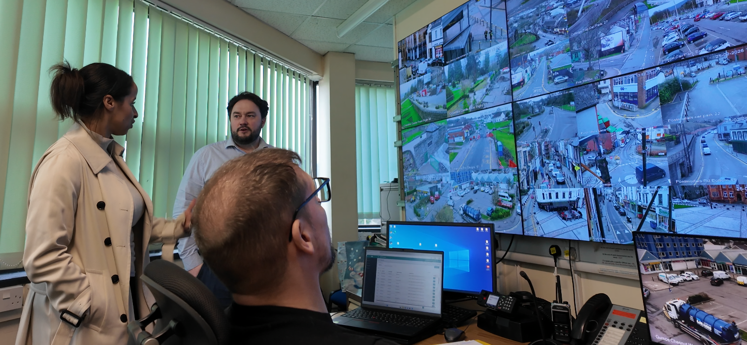 Police & Crime Commissioner, Emma Wools speaking with CCTV operators and staff