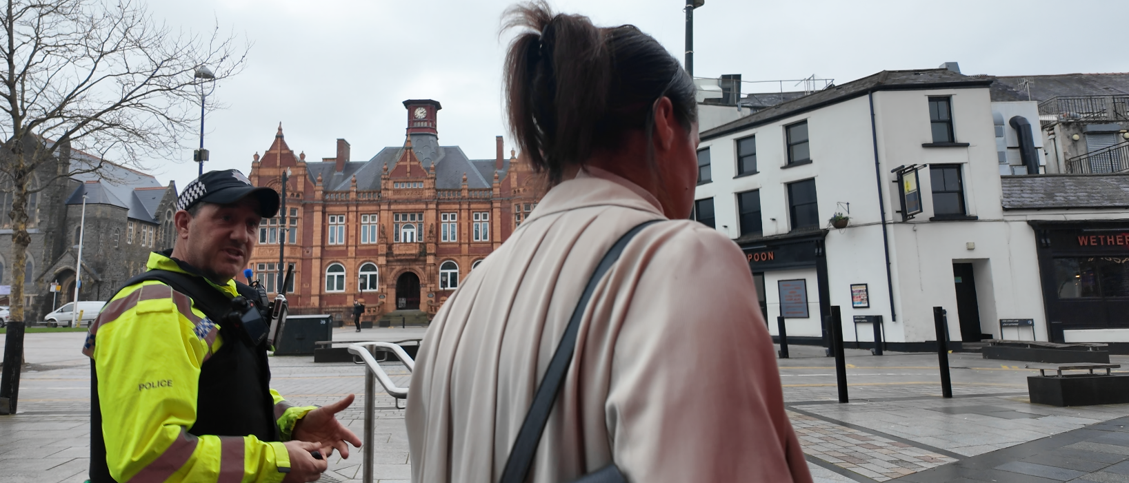 Police & Crime Commissioner, Emma Wools on a walkabout in Merthyr town centre with local officers