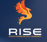 Rise Service Logo which has RISE in capital letters with the words Recovery, Information, Safety and Empowerment, a image of a bird rising above the wording in orange