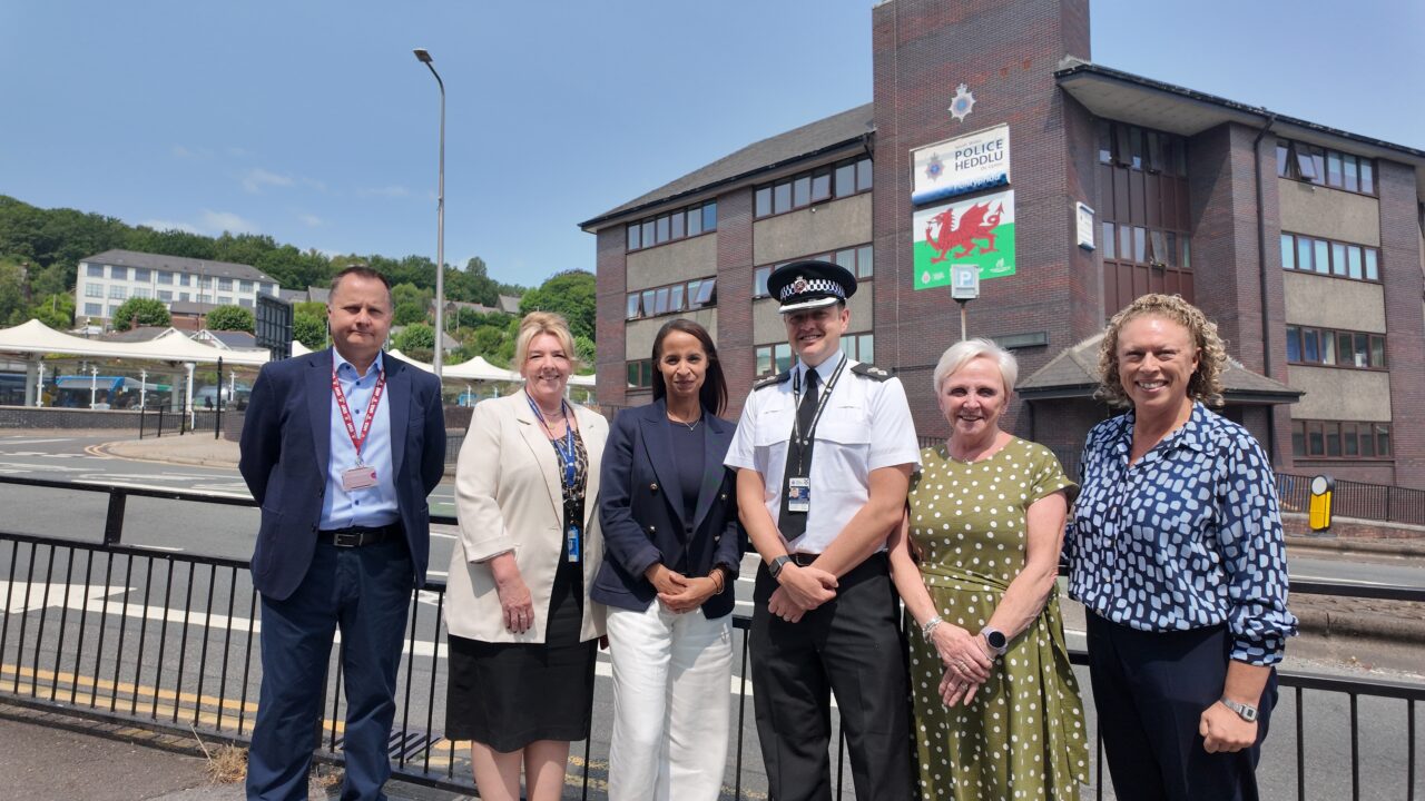 Picture of Police & Crime Commissioner Emma Wools, with officer from South Wales Police and staff from Rhondda Cynon Taf Council