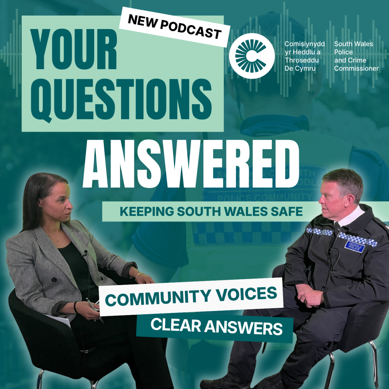 Your Questions Answered graphic, with a picture of the Police & Crime Commissioner Emma Wools, and Chief Constable for South Wales Police, Jeremy Vaughan.